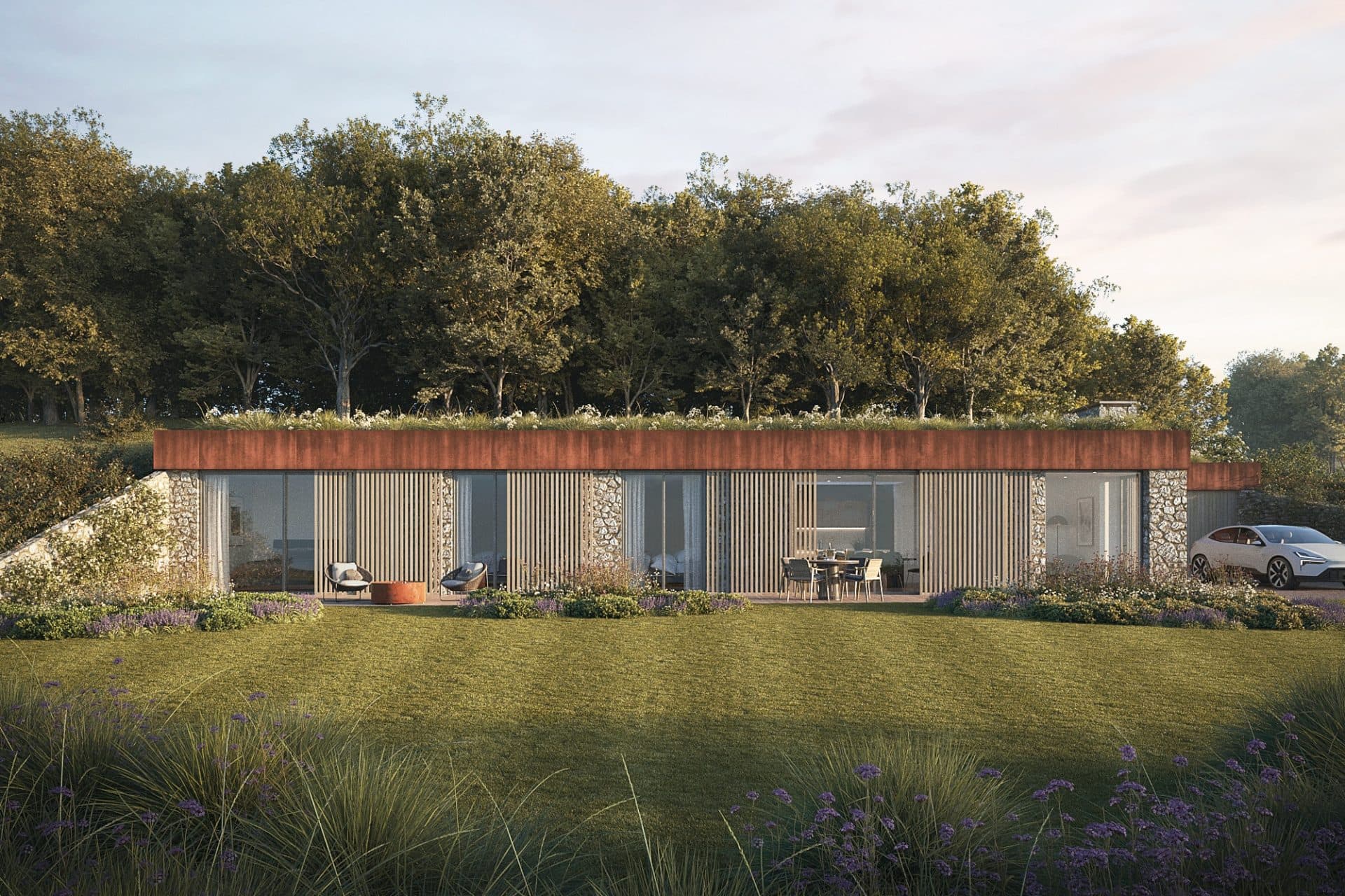 CGI of main elevation of self build plot for sale with stunning views in a countryside setting, in Goudhurst, Kent via The Land Agency