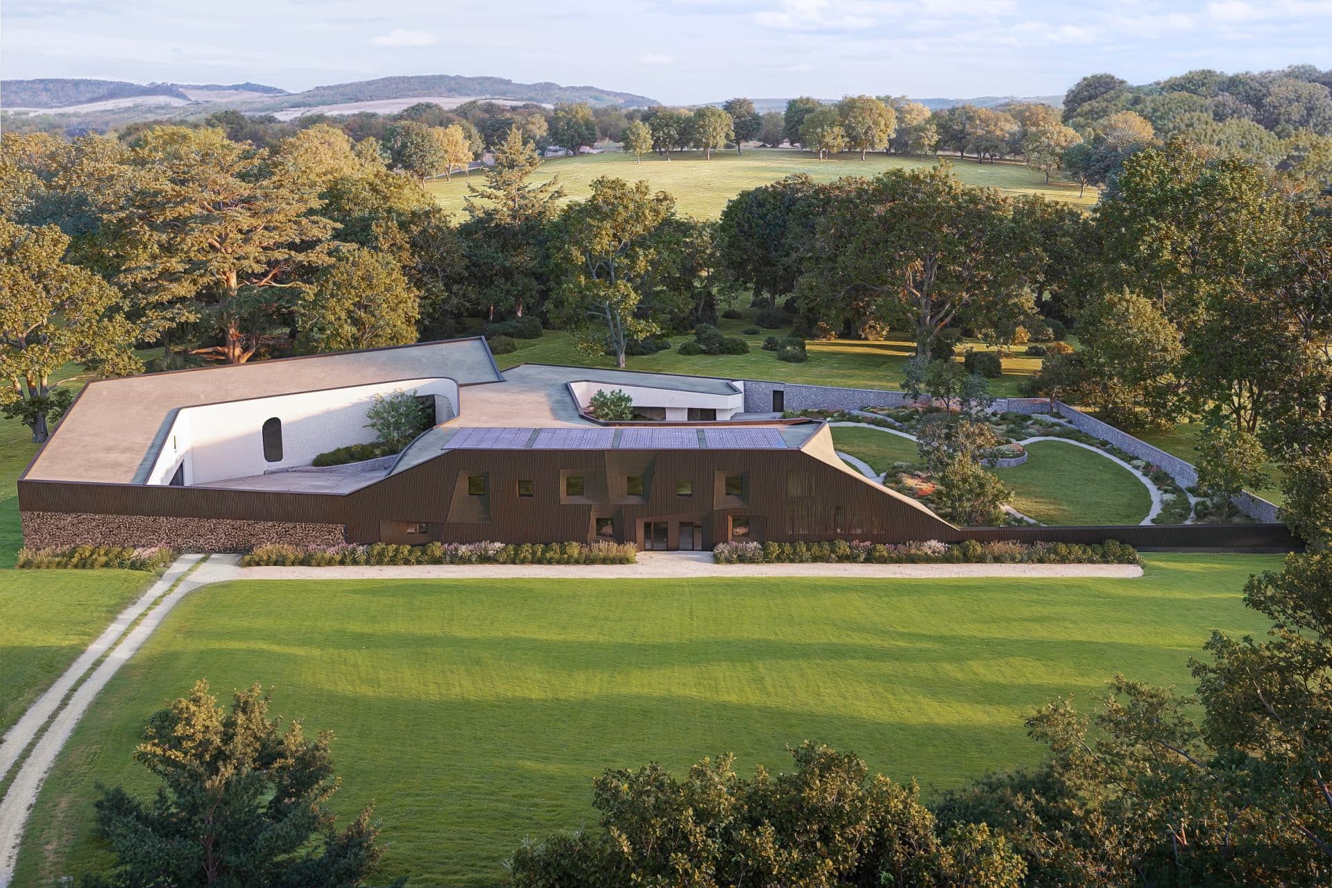 CGI of self build plot for sale, a Paragraph 84 home, set in 24 acres of beautiful Sussex countryside, via The Land Agency