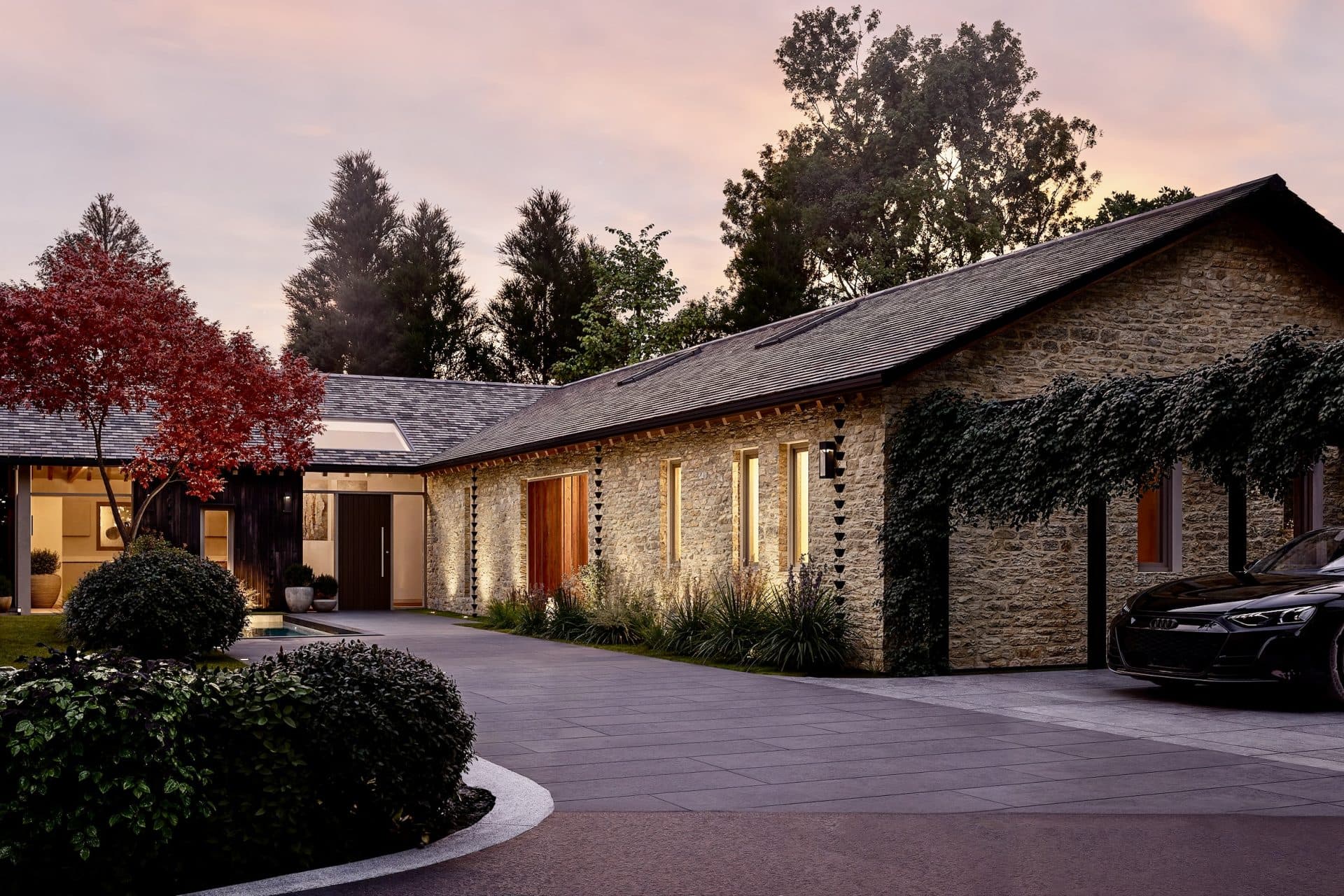 CGI of a self build plot in Fairford, Cotswolds, approached via a secluded land and for sale via The Land Agency.